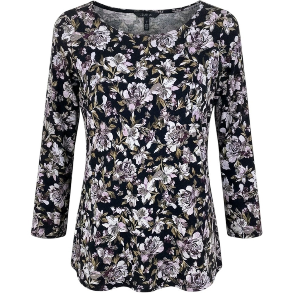 J. Jill Luxe Supima Split-Sleeve Tunic Women XS Black Floral Long Sleeve Top